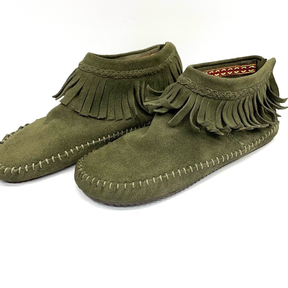 Aldo Moccasin Suede Fringe Womens 8.5 Booties Olive Green Flats